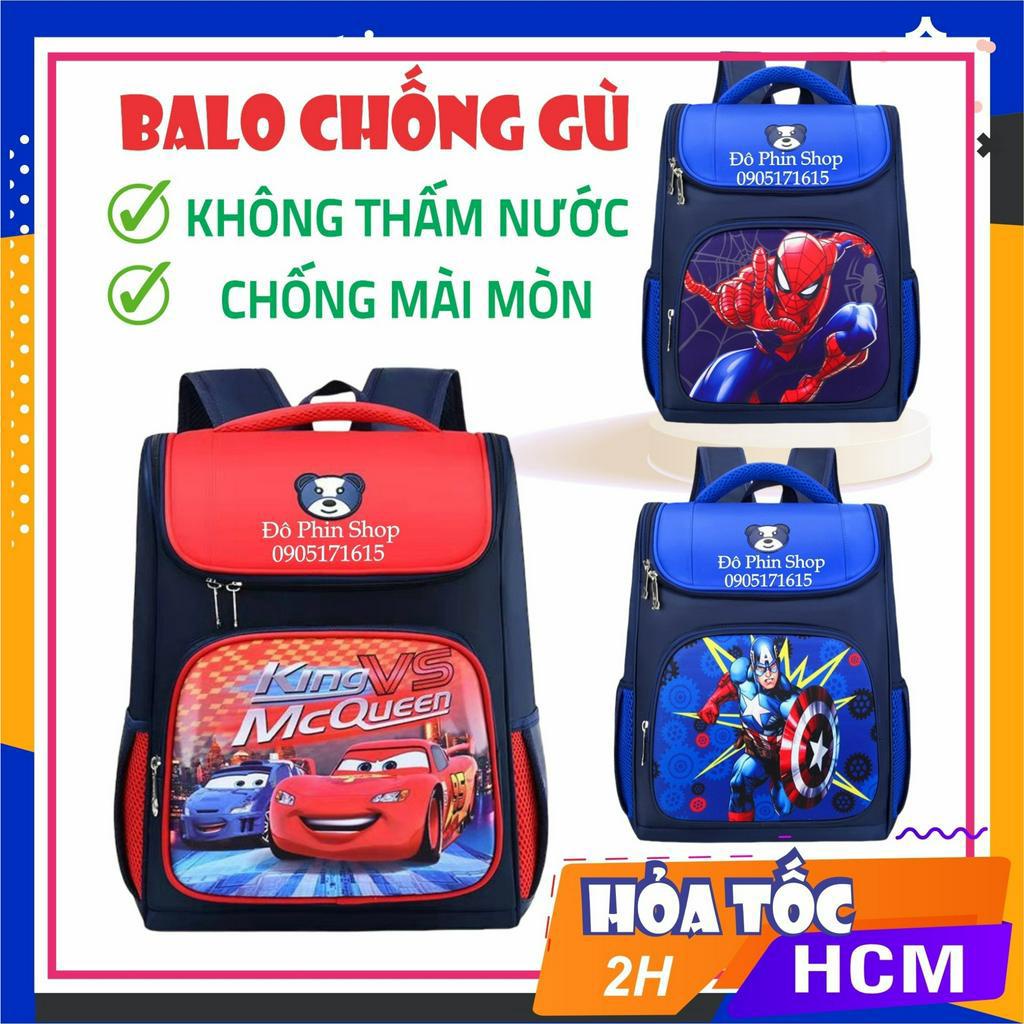 Balo chống gù cho học sinh cấp 1 cấp 2 họa tiết bé trai siêu nhân người nhện đội trưởng mỹ xe đua mc queen