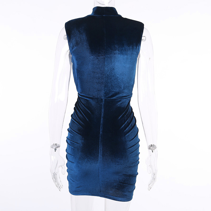 Sexy Women Slim Velvet Plain High Neck Pleated Sleeveless Fashion Party Dress
