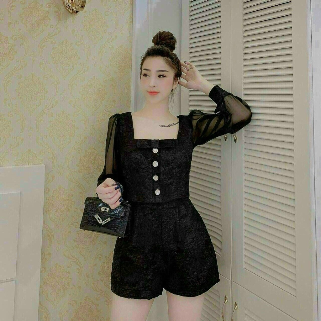 Sét Bộ Thời Trang Nữ Chất Vải Gấm Áo Tay Dài Cổ Vuông Phối Nút Trước Mix Quần Đùi Xinh Xắn