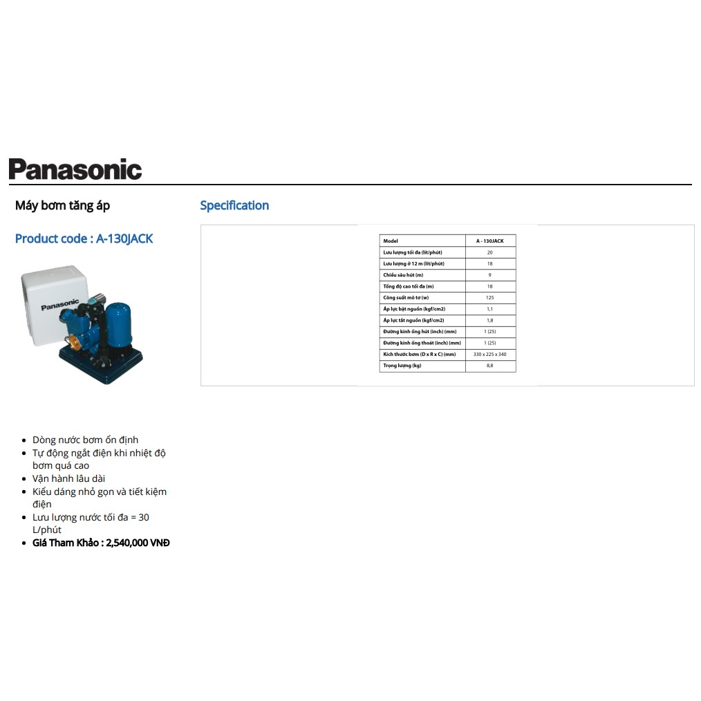 Máy bơm tăng áp Panasonic A-130JACK (125W)