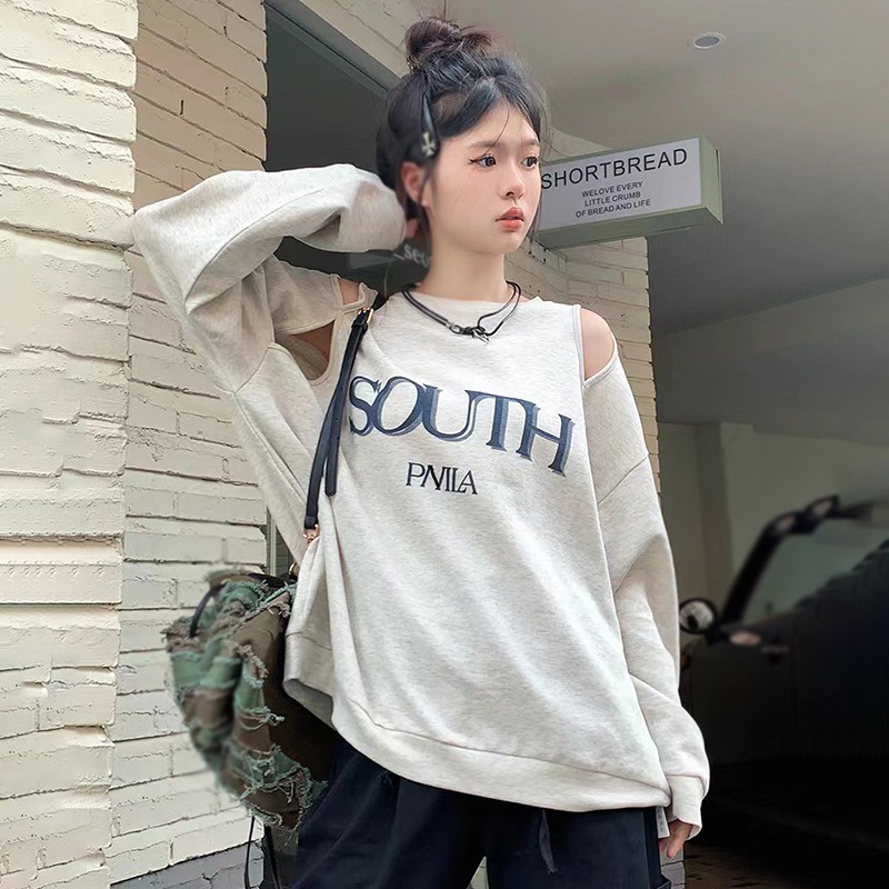 Áo Hoodies Tay Dài Hoạ Tiết Chữ In Thiết Kế Trễ Vai Phong Cách Hàn Quốc