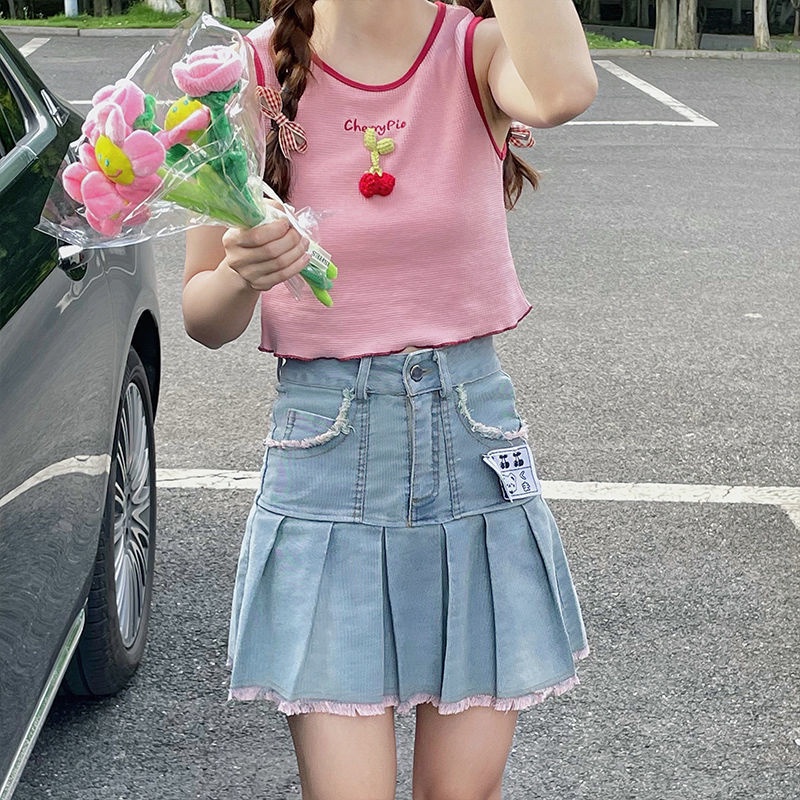 Jiashucheng Áo Hai Dây Màu Hồng Cherry Ngọt Ngào Thời Trang Mùa Hè