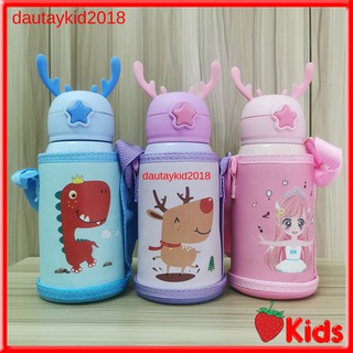 Bình giữ nhiệt - Bình giữ nhiệt nóng lạnh - Bình giữ nhiệt sừng hươu cho bé 500ml 2 nắp tặng kèm túi đeo
