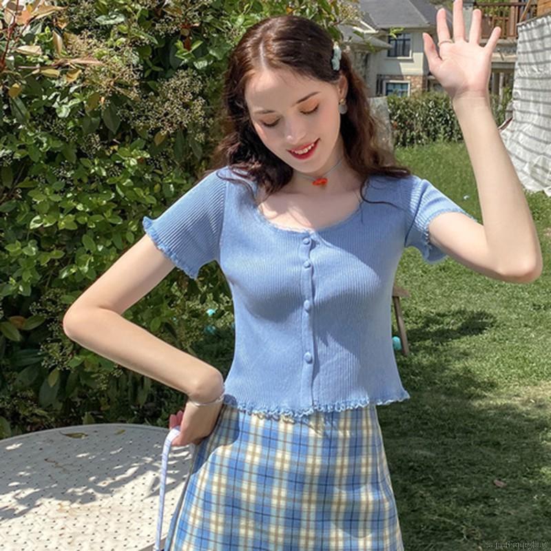 Áo thun lửng nữ tay ngắn dệt kim cổ tròn thời trang mới