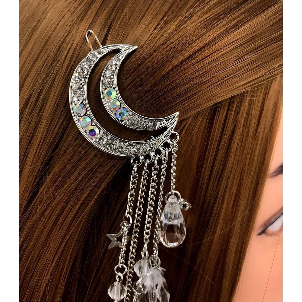 Kẹp tóc hình mặt trăng tua rua đính đá phong cách retro