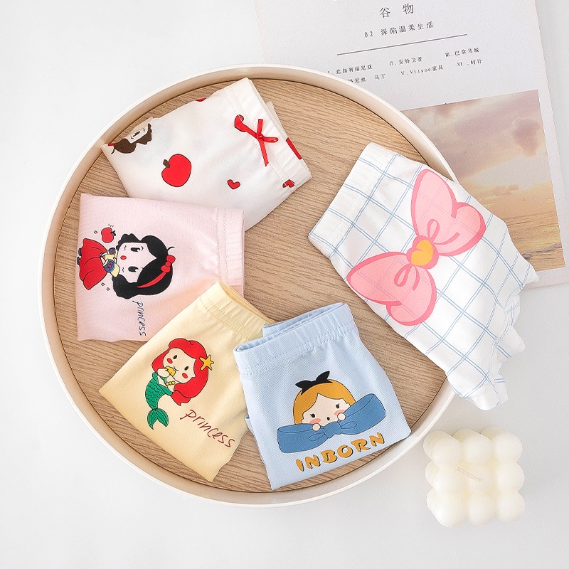 Bộ 5 Quần Lót Boxer Bằng Cotton Thoáng Khí Thoải Mái In Họa Tiết Hoạt Hình Nàng Tiên Cá Cho Bé Gái 3-12 Tuổi