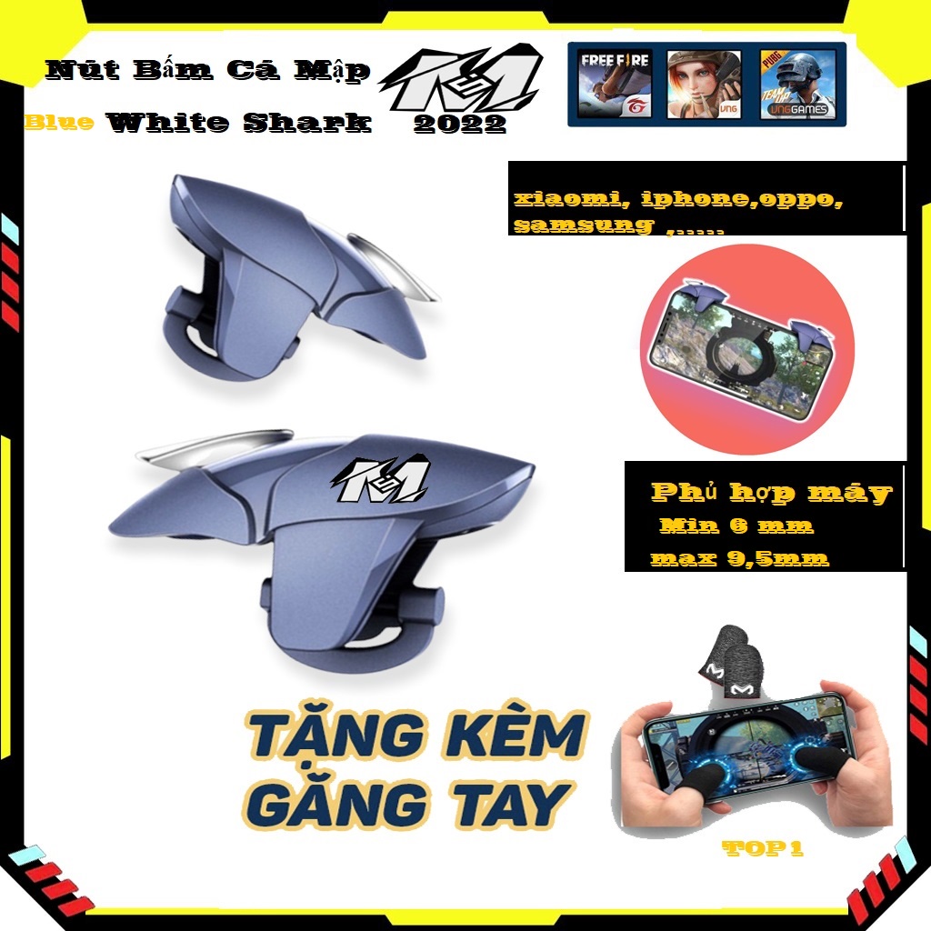 🆔Nút bắn PUBG, FF, RUL cao cấp Blue Shark Cá Mập Xanh- Nút bấm chơi game ấn cực đã cho mobile- Núm Bấm game.