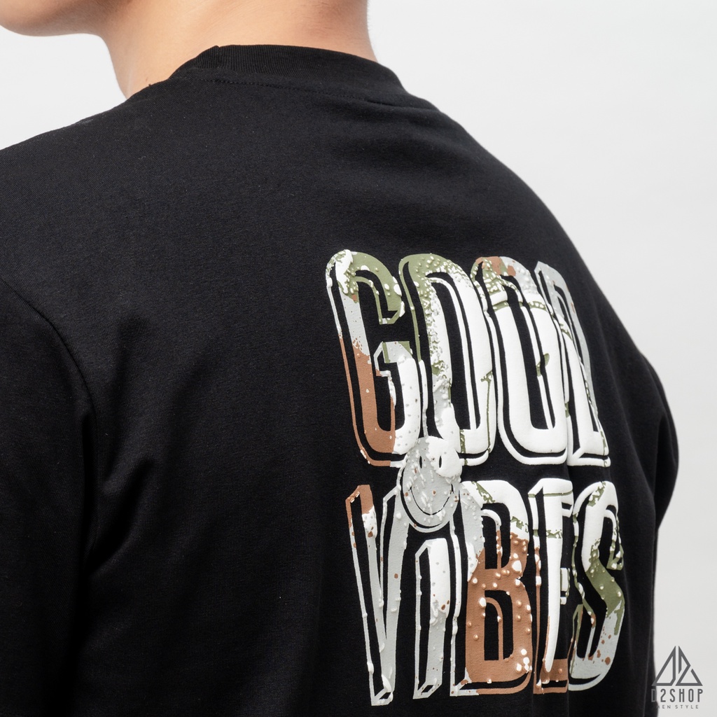 Áo thun D2shop, áo thun cổ tròn in lưng chữ nổi GOOD VIBES, in chữ nổi, màu đen