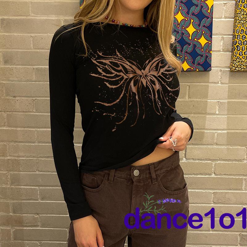 Áo thun tay dài cổ tròn dáng ôm in họa tiết hình bướm thời trang cho nữ