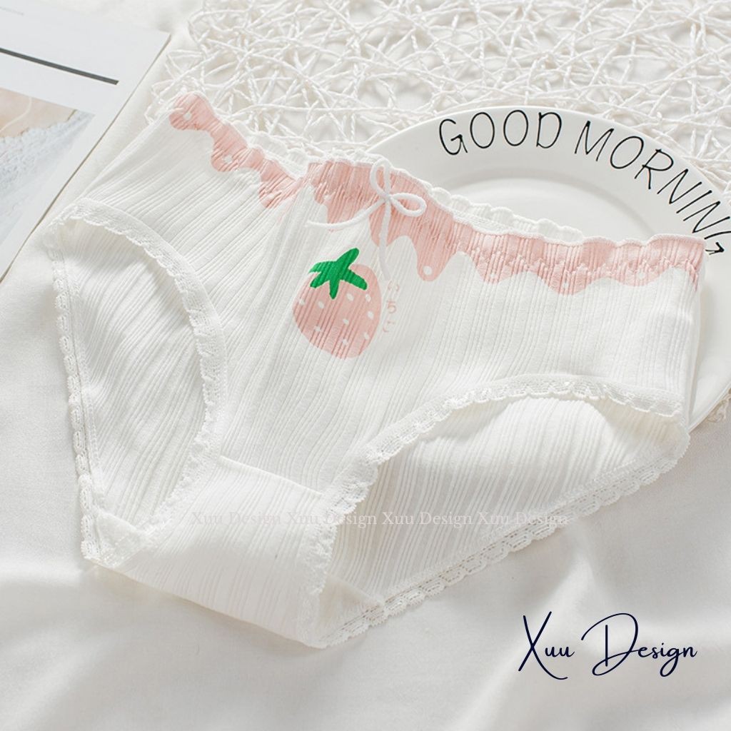 Quần lót cotton nữ Wexuu Design, Quần lót nữ chất cotton phối viền ren họa tiết dâu nơ dễ thương QC31