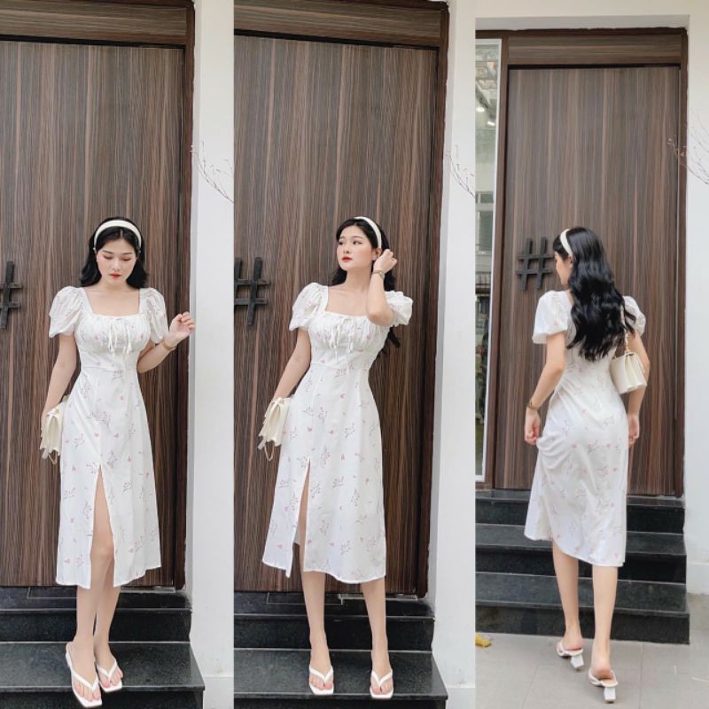 Maxi hoa nhíu ngực thắt nơ xẻ đùi | BigBuy360 - bigbuy360.vn