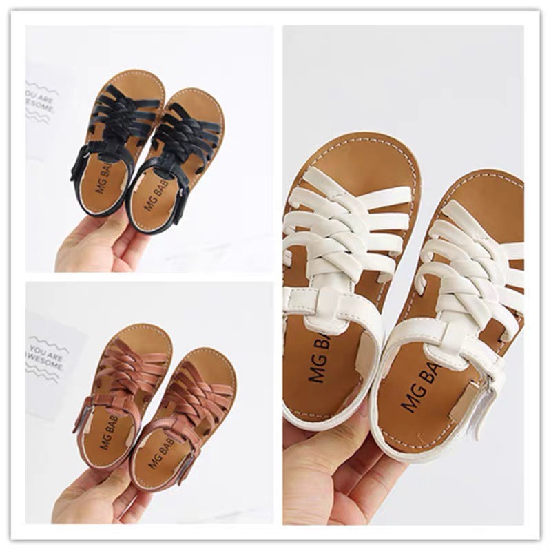 Sandal quai dây cho bé gái da có quai dán đế mềm chống trượt (v533) - dép quai hậu tết chéo sz21-sz30, nâu, đen, trắng