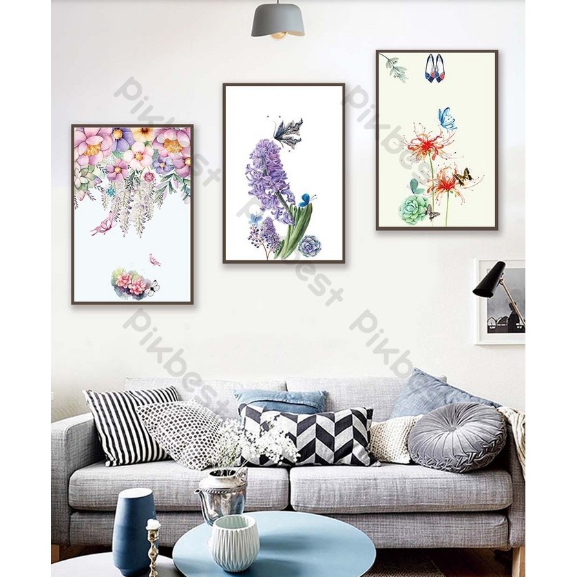 Combo 3 tranh Hoa Oải hương và đàn bướm, Trang dán tường 3d phòng khách phòng ngủ hiện đại (nhiều kích thước) MS637426