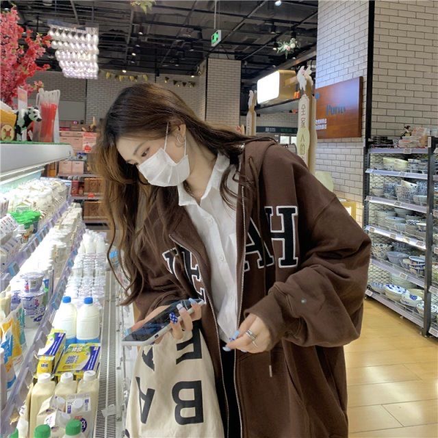 Hoodie zip nữ, Áo khoác Hoodie Zip Freesize In Chữ YEAH Hàn Quốc Oversize màu nâu phong cách Hàn Quốc | BigBuy360 - bigbuy360.vn