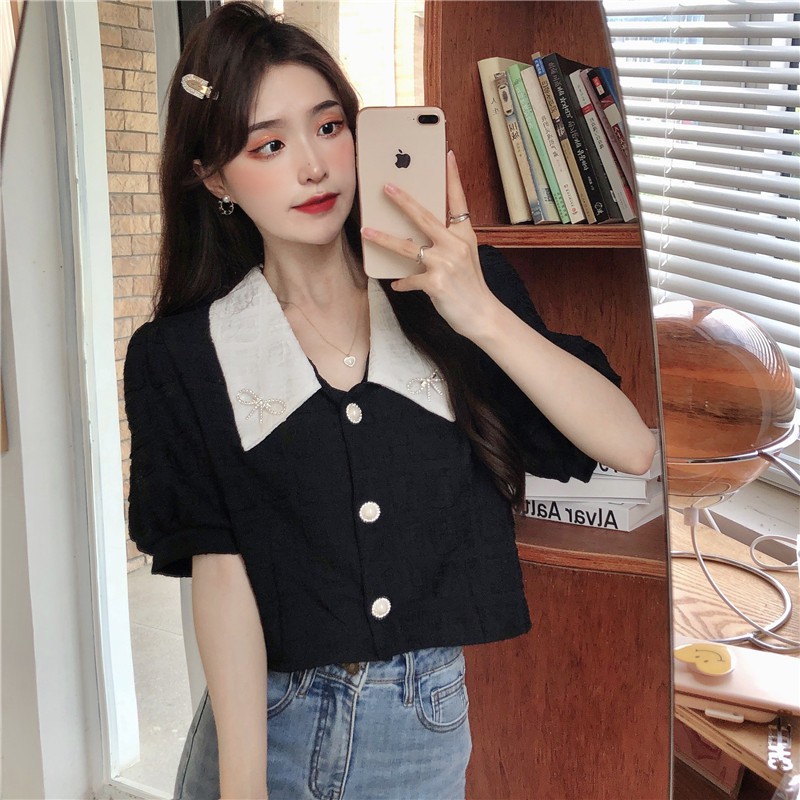 ORDER Áo sơ mi công chúa tay phồng croptop retro cổ điển ulzzang (2 màu)