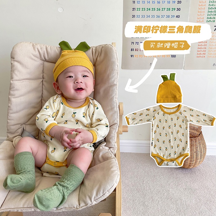 Set Áo liền quần cotton in hình trái chanh tay dài + mũ thời trang mùa thu dành cho bé trai bé sơ sinh