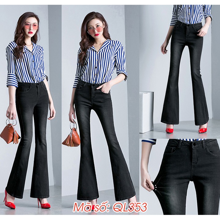 Quần xám jean thun lưng cao 1 nút ống loe wash nhẹ 2 bên