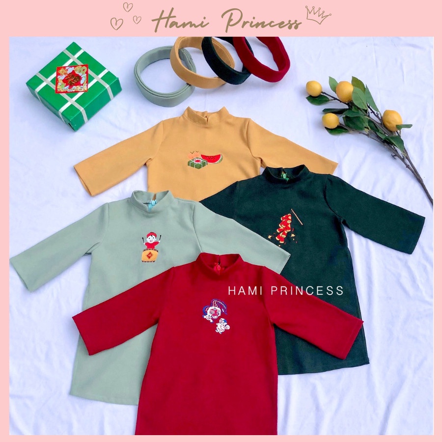 Áo Dài Nhung Cotton Thêu Phong Cách Cho Bé Trai HAMI PRINCESS ❤️ (Kèm Quần Lụa Và Mấn)