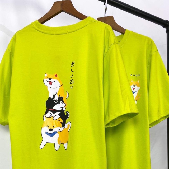 Áo thun tay lỡ freesize phông from rộng Unisex nam nữ, mặc lớp,nhóm, mặc cặp in hình 3 con chó shiba chữ dog nhật