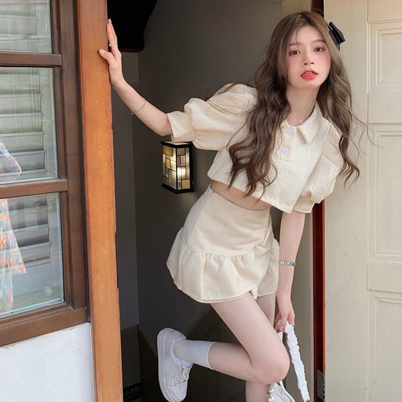 Spot fashion suit skirt women's ins fashion 2022 summer new Internet celebrity fried street Western style elegant top short skirt two-piece suit summer skirt