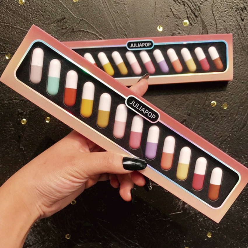 Set 12 Thỏi Son Sáp Mini Hình Viên Thuốc Con Nhộng Màu Sắc Thời Trang Không Thấm Nước Chống Dính Cốc