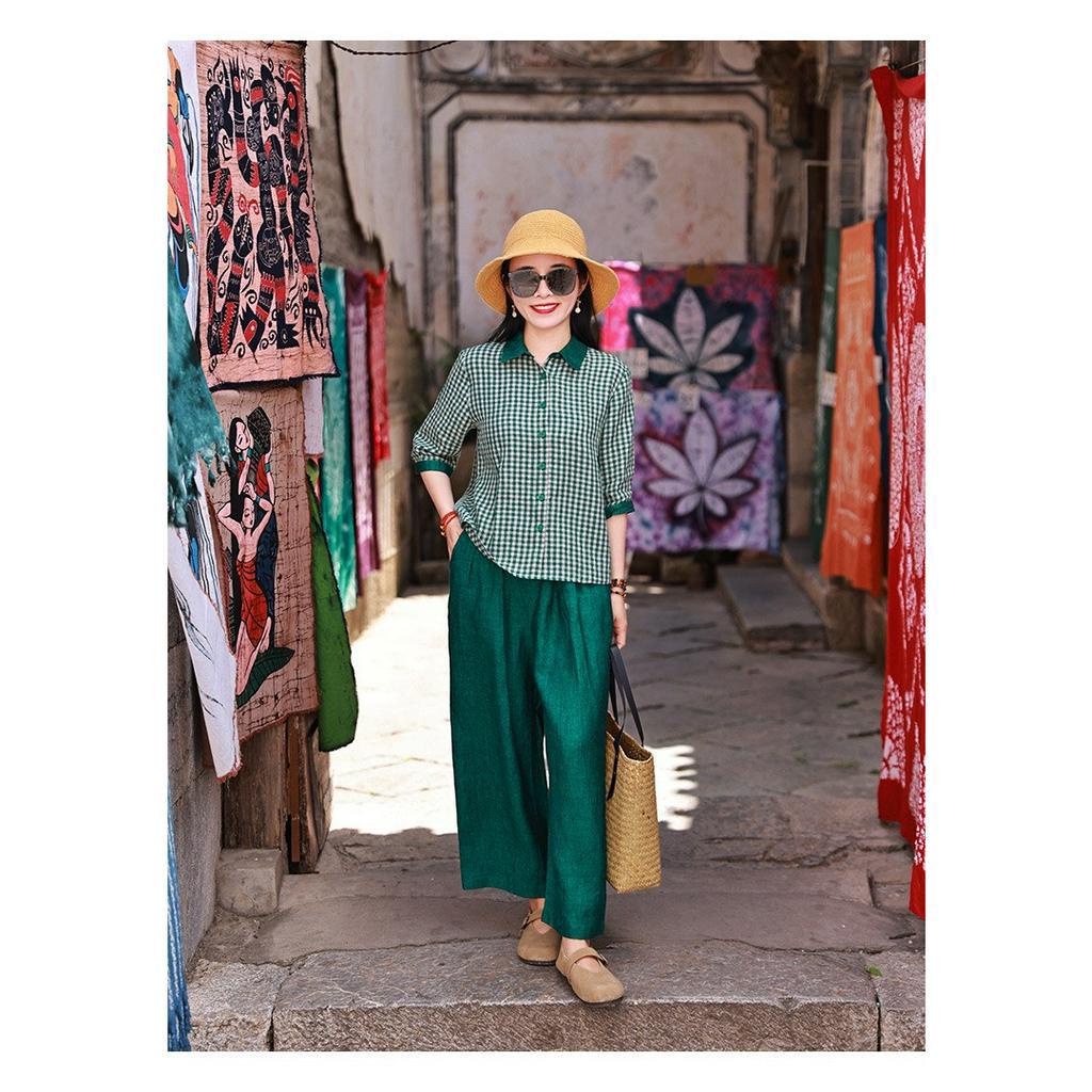 Bộ  Đồ Nữ Linen Áo Sơ Mi Xanh Caro Có Cổ Kết Hợp Với Quần Ống Suông Dáng Dài Thoáng Mát Mùa Hè