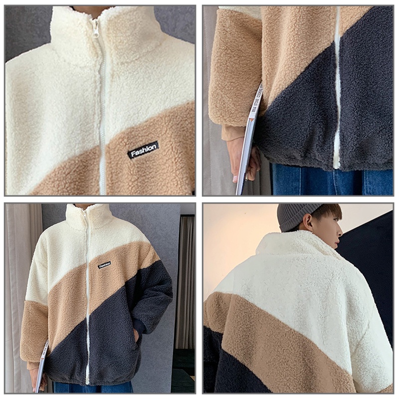 Áo khoác lông cừu AOKANG cổ đứng phối màu cá tính phong cách Nhật Bản thời trang cho nam