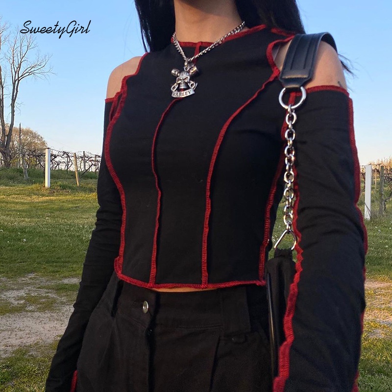 Áo Croptop Tay Dài Cổ Tròn Màu Tương Phản Thời Trang Dành Cho Nữ