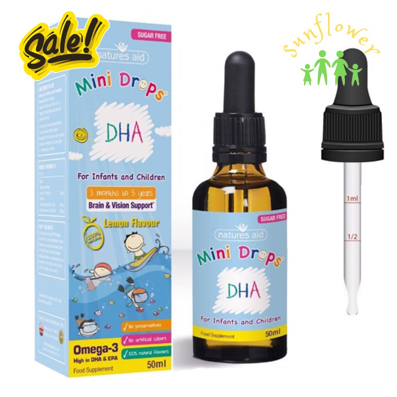 DHA cho bé Natures Aid DHA Drops, Anh 50ml dạng giọt giúp phát triển não cho trẻ sơ sinh từ 3 tháng tuổi đến 5 tuổi