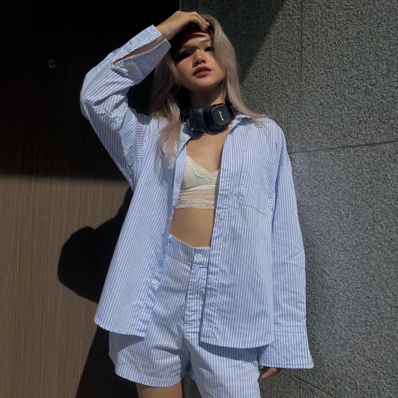Set quần short áo sơmi sọc xanh | STRIPED SET
