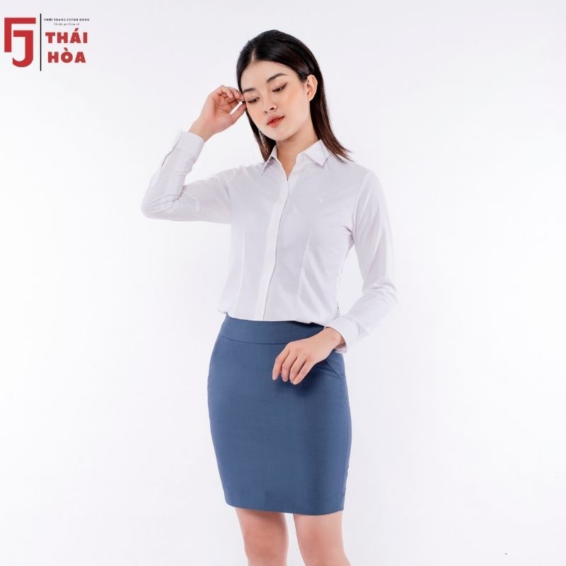 Áo sơ mi trắng nữ cao cấp công sở hoạ tiêt chìm tay dài nút ẩn sợi tre Thái Hoà 772-01-02