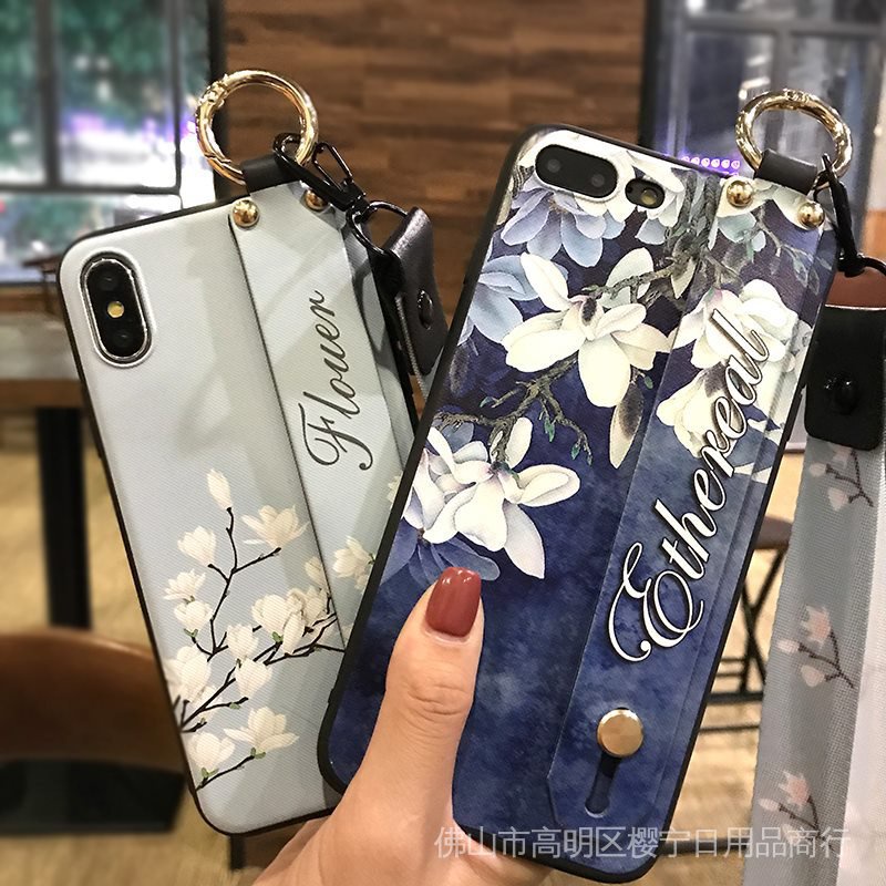 Ốp Điện Thoại Mềm Họa Tiết Hoa Có Quai Cầm Tay Kiêm Giá Đỡ + Dây Đeo Cho iphone xs 8p/7p