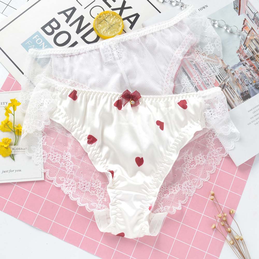 Quần Lót Nữ Vải Satin Phối Ren In Hình Trái Tim Xinh Xắn