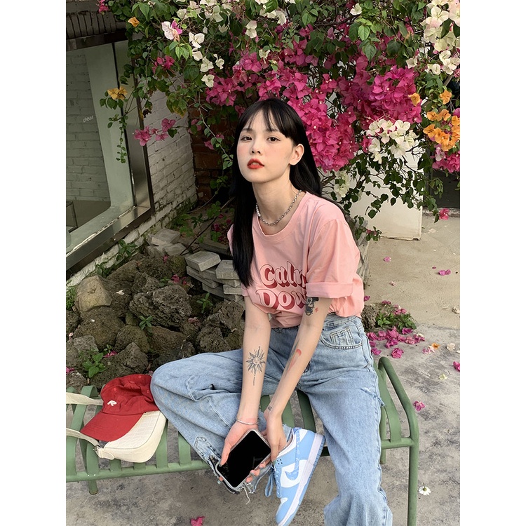 Áo Thun Nữ Ngắn Tay Cổ Tròn In Chữ Thời Trang