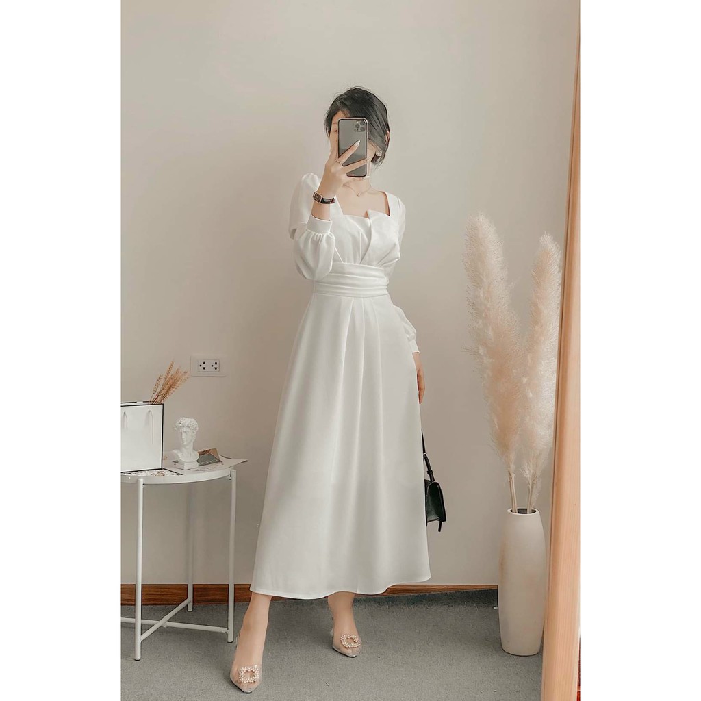 Đầm Cổ Vuông ⚡️FREESHIP⚡️ Dáng Xòe Tay Dài Xếp Ly Ngực