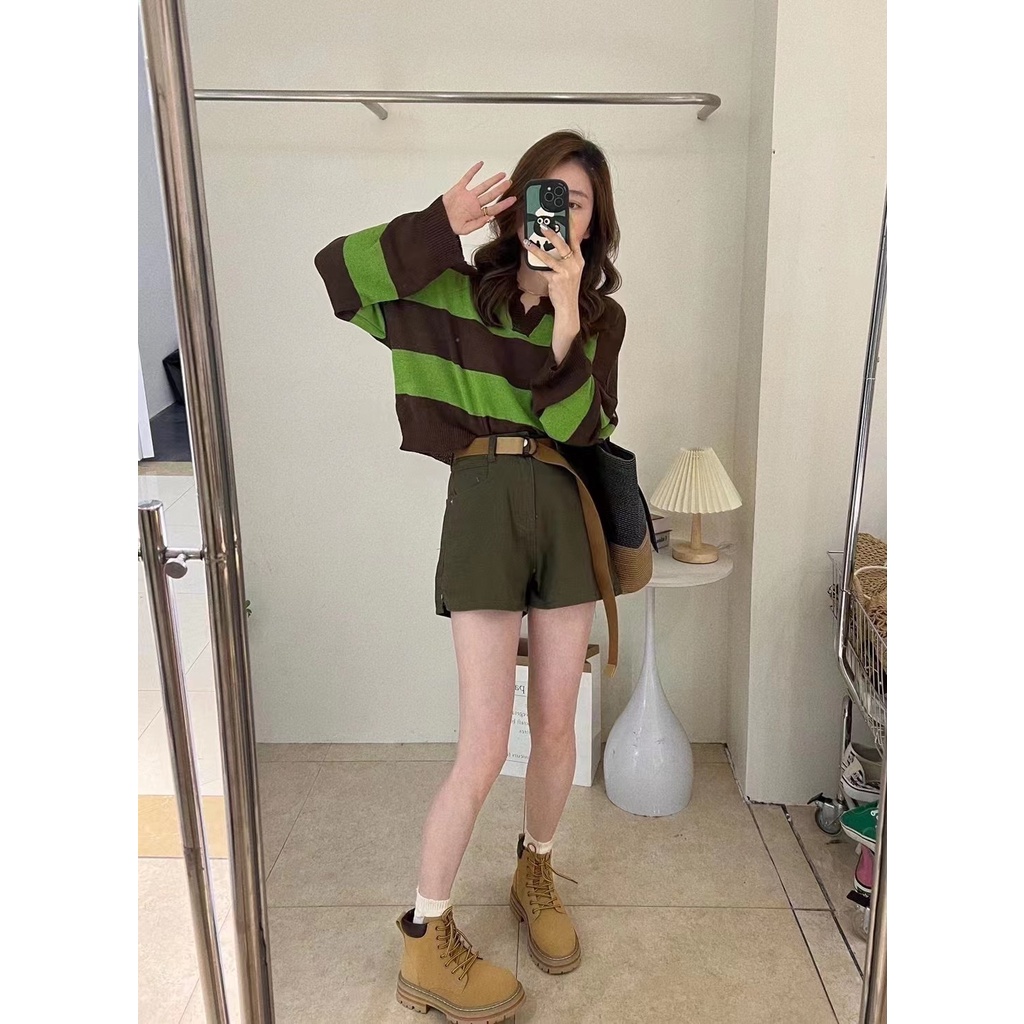 Áo len ZHELIHANGFEI tay dài cổ chữ V dáng rộng họa tiết kẻ sọc ngang