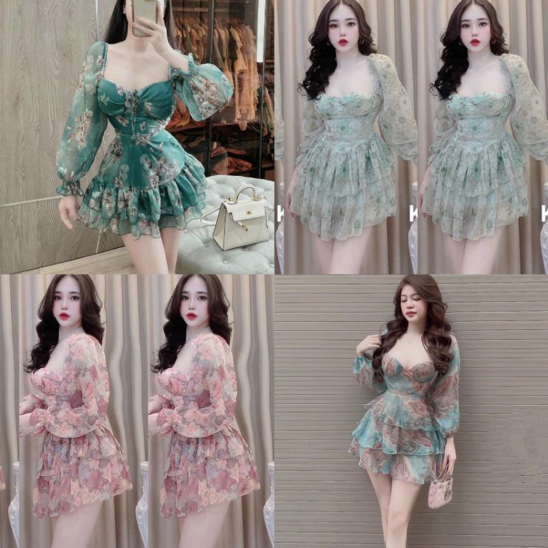 váy voan hoa tay dài cúp ngực bèo tầng ( có lót quần )