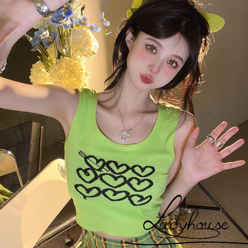 Áo Croptop Dệt Kim Không Tay Cổ Tròn In Họa Tiết Trái Tim Thời Trang Xuân Hè Cho Nữ