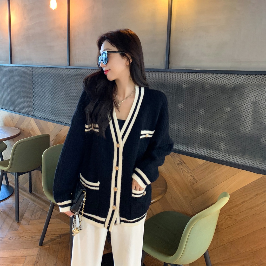 Áo khoác cardigan dệt kim dáng rộng màu hồng ngọt ngào phong cách hipster Hàn Quốc