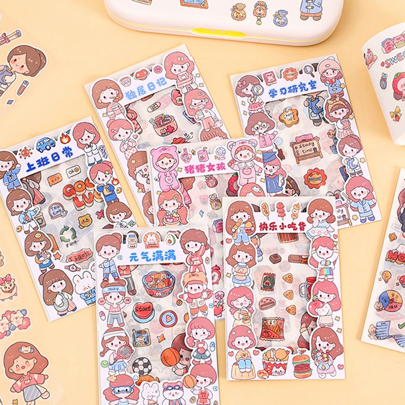 Miếng dán sticker trang trí DIY với nền trong suốt chủ đề hình cô gái cute dễ thương