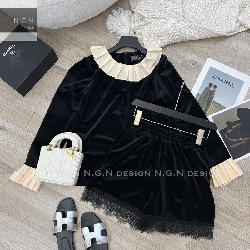 Sét nhung dài tay cổ be