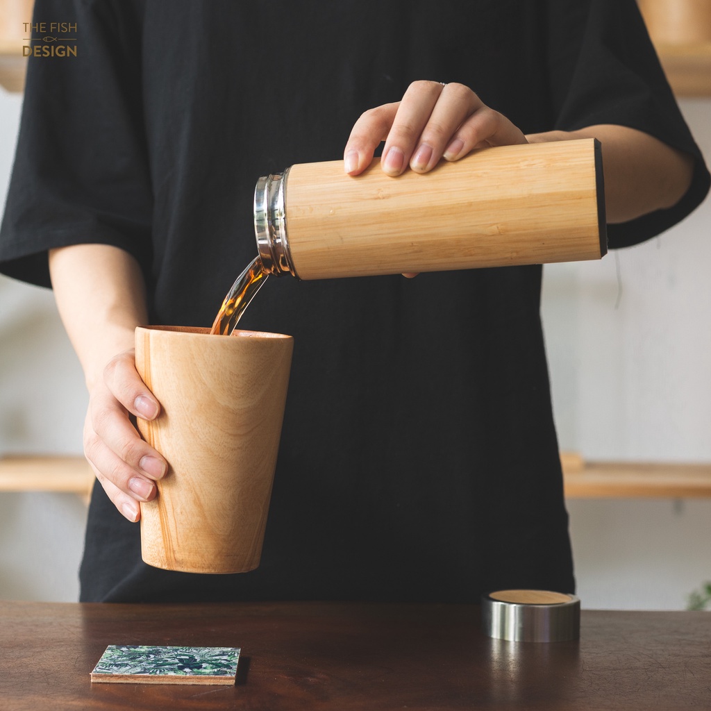 Cốc gỗ giữ nhiệt uống trà , cafe | THE FISH DESIGN size 350ml (cốc gỗ đa năng uống trà cafe , decor , ...)