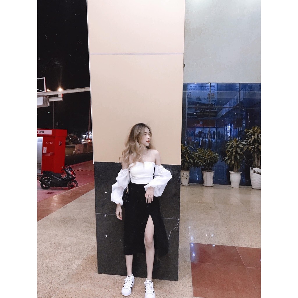 SET ÁO TRỄ VAI TAY BỒNG RỜI TRẮNG MIX CHÂN VÁY XẺ TÀ TUYẾT MƯA ĐEN ULZZANG