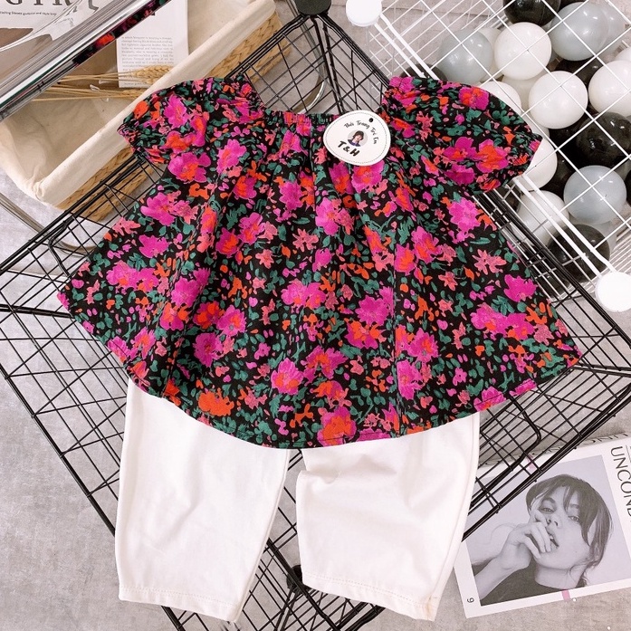 Đồ bộ bé gái, Set áo hoa tím cổ vuông tay bồng và quần legging vải zip tăm đáng yêu cho bé từ 7 đến 18 kg, SUN KID'S