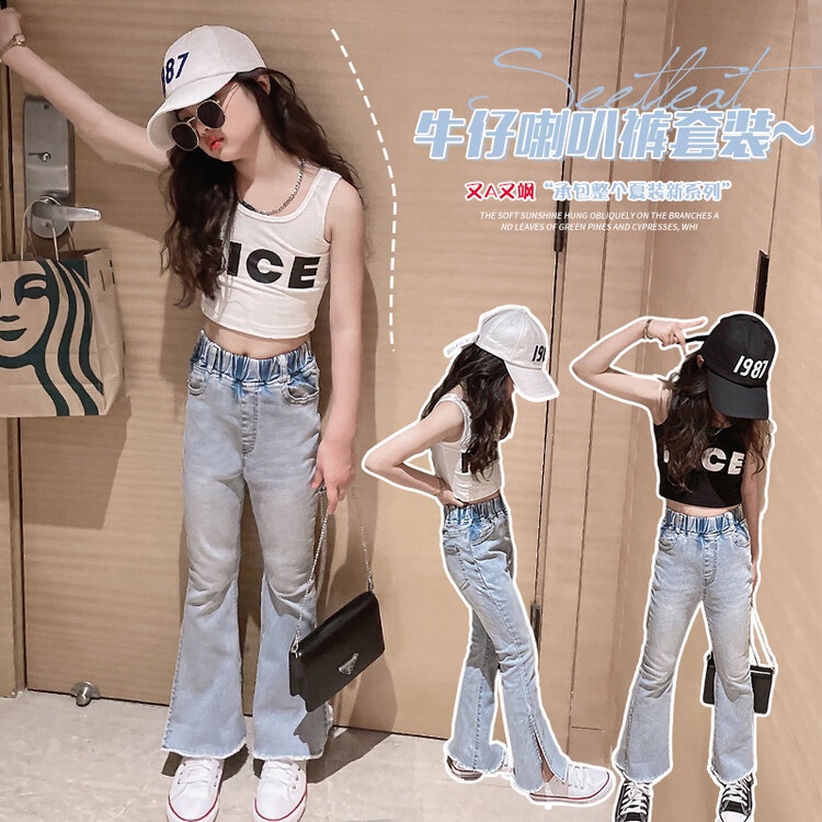 Set Áo Thun Sát Nách In Chữ + Quần Dài Ống Loe Thời Trang Cho Bé Gái
