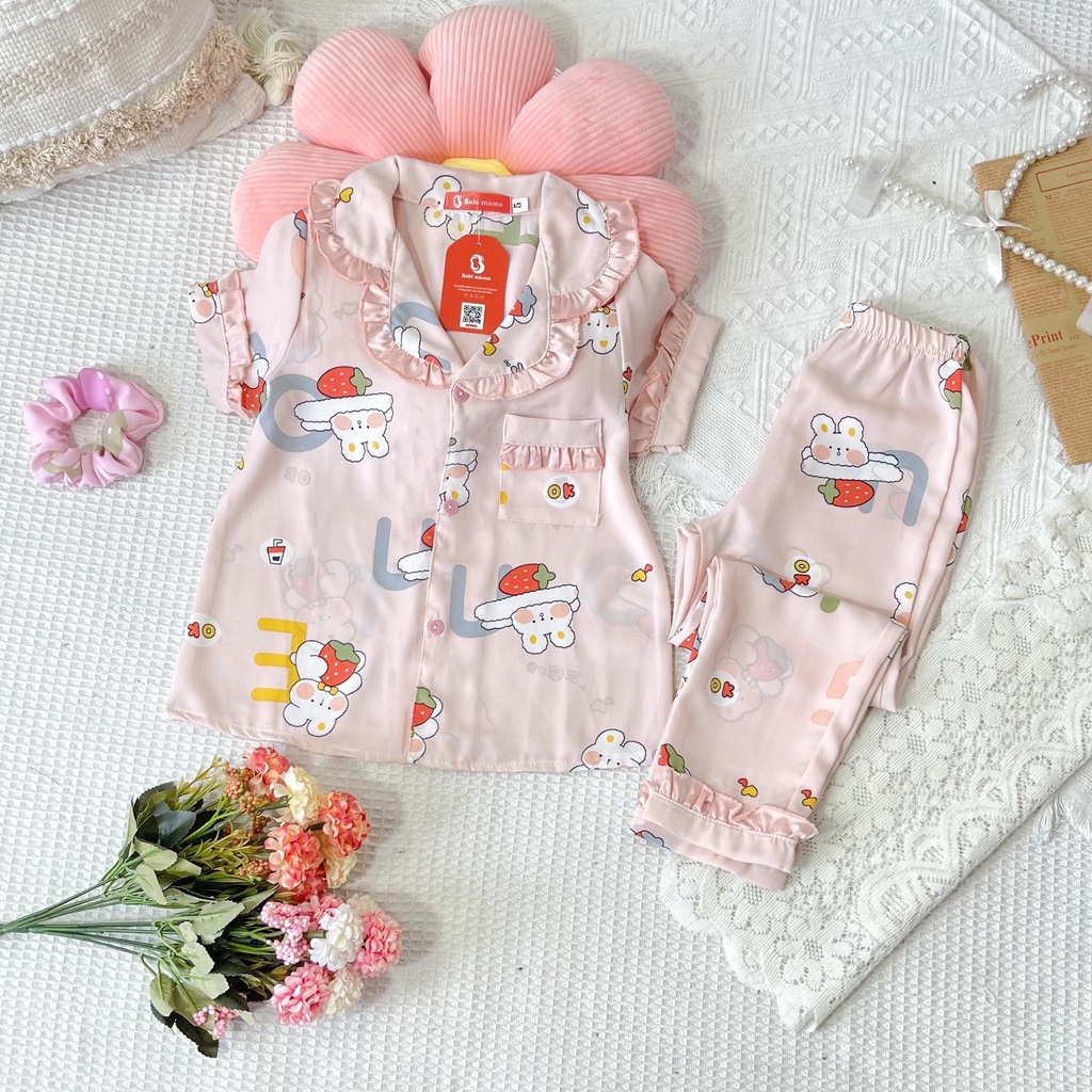 Bộ Ngủ Lụa Cho Bé Gái, Bộ Pijama Cộc Dài Mango Tay Bồng Cổ Bèo Đáng Yêu 13-42kg - BPN59