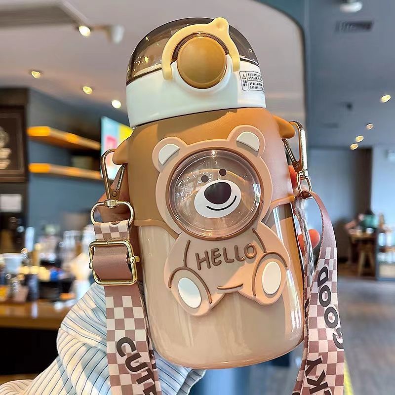 Bình Nước Giữ Nhiệt Bằng Thép Không Gỉ Chống Sốc Có Ống Hút Hình Gấu Hello Kitty Phong Cách Hàn Quốc Cho Bé