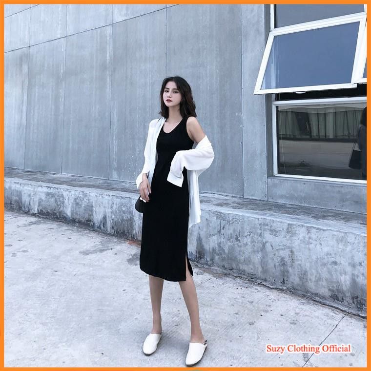 Váy Thun Cotton Cổ V Sát Nách Dáng Dài Ulzzang | BigBuy360 - bigbuy360.vn