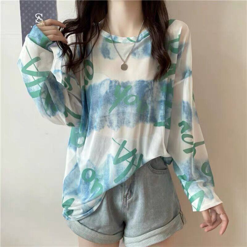 Áo thun IELGY tay dài dáng rộng phối lưới phong cách Pháp thời trang mùa hè cho nữ