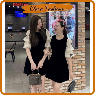Váy nhung tay nơ tiểu thư, váy thiết kế nhung tay tơ óng có ảnh thật clara siêu xinh